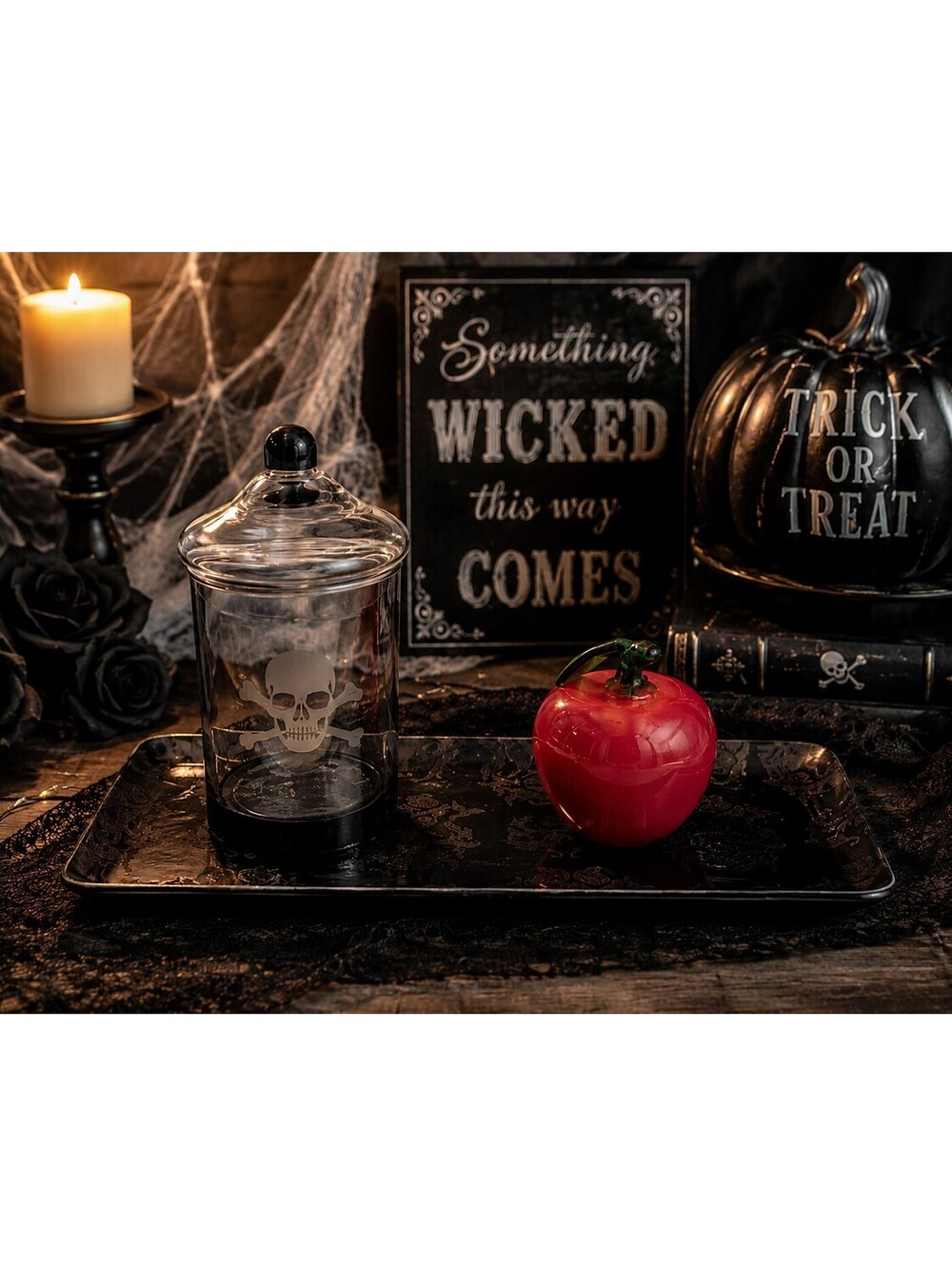 Halloween Skull Apothecary Jar Black Tray & Red Glass Apple Decor 3 Pc Set